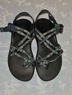 Chaco Black Sandals with Teal Blue Patterned Straps Size 8